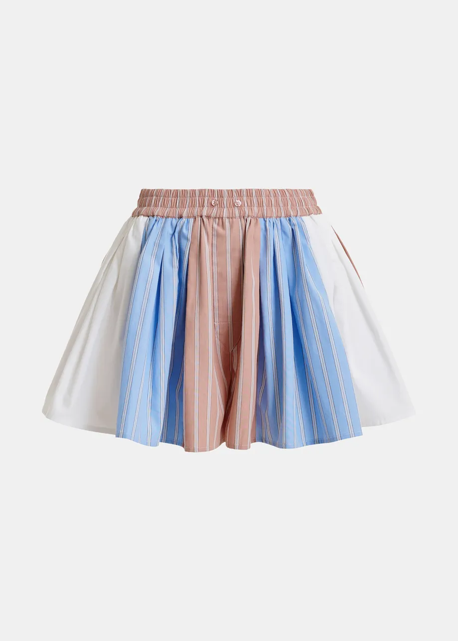 Pantaloncini in cotone a righe color cammello, azzurro e bianco con elastico in vita