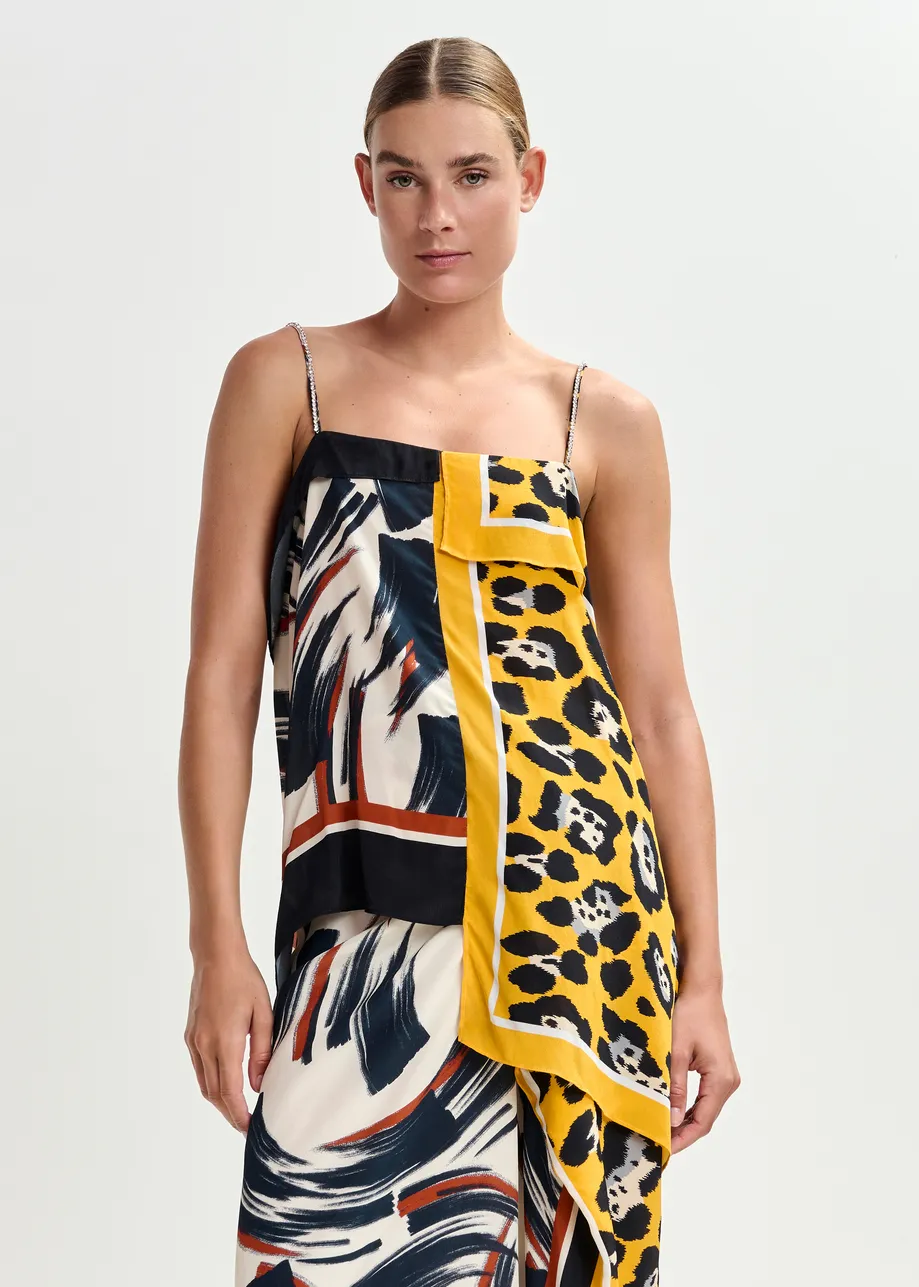 Multicolor asymmetric scarf top with rhinestone embellished straps