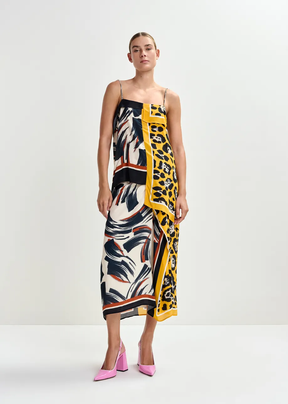 Multicolor asymmetric scarf top with rhinestone embellished straps