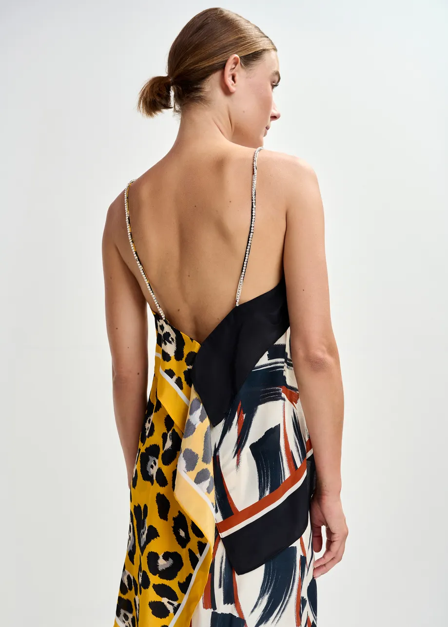 Multicolor asymmetric scarf top with rhinestone embellished straps