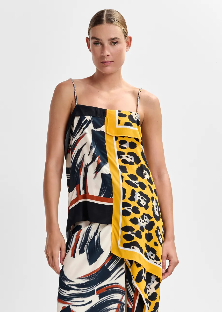 Multicolor asymmetric scarf top with rhinestone embellished straps