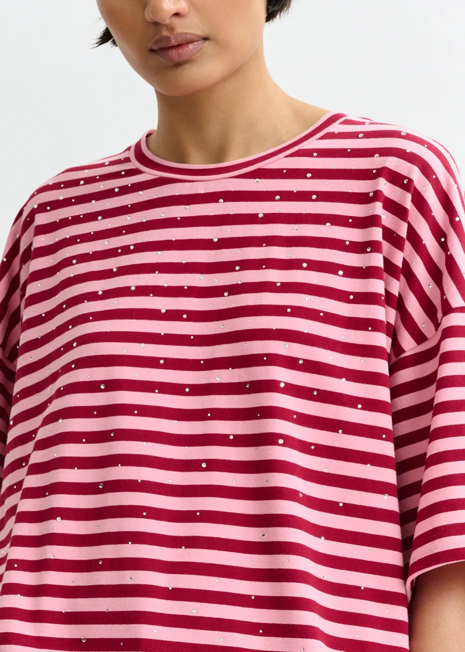Roze en bordeaux gestreept oversized T-shirt met stras