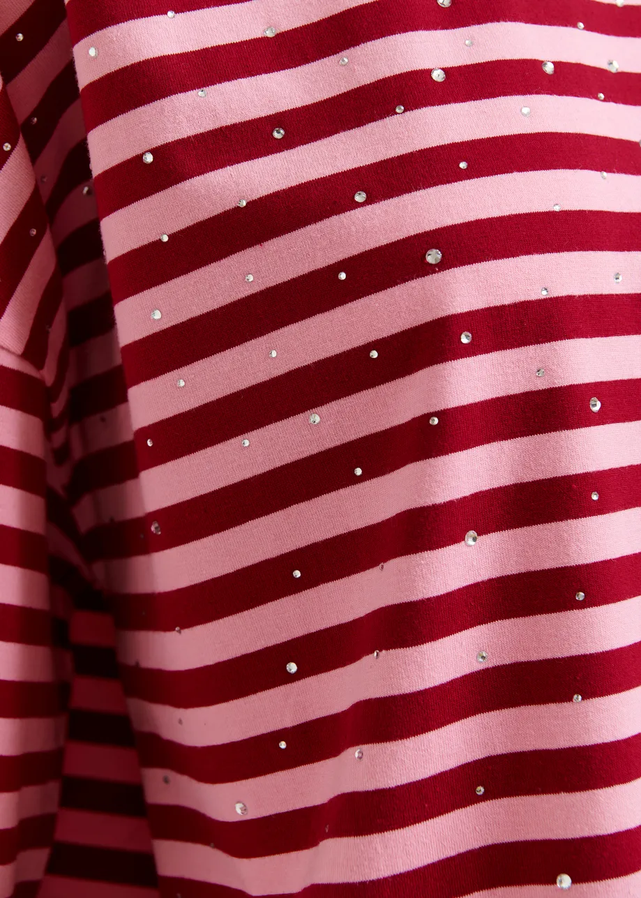 Roze en bordeaux gestreept oversized T-shirt met stras
