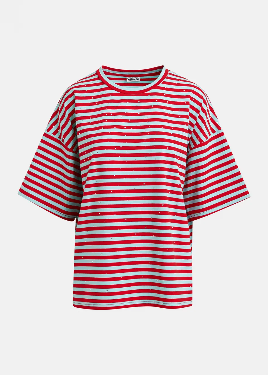 Lichtblauw en rood gestreept oversized T-shirt met stras
