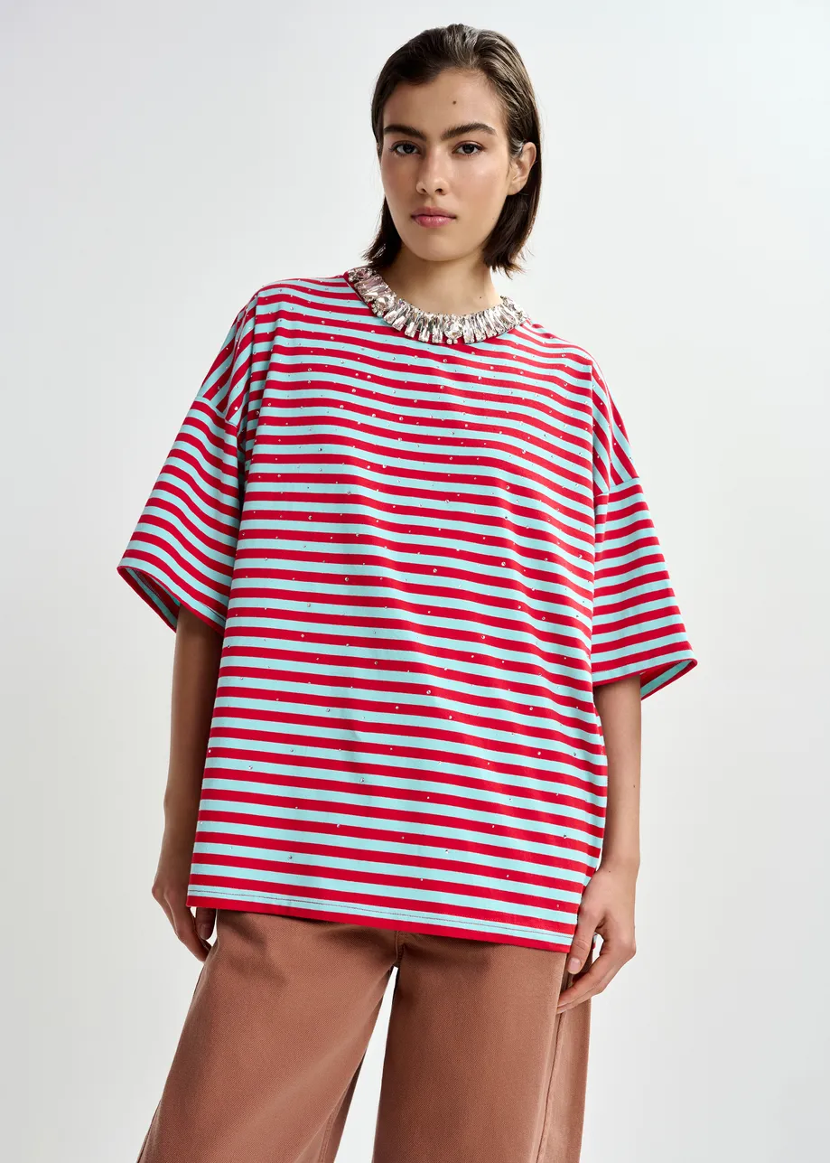 Lichtblauw en rood gestreept oversized T-shirt met stras