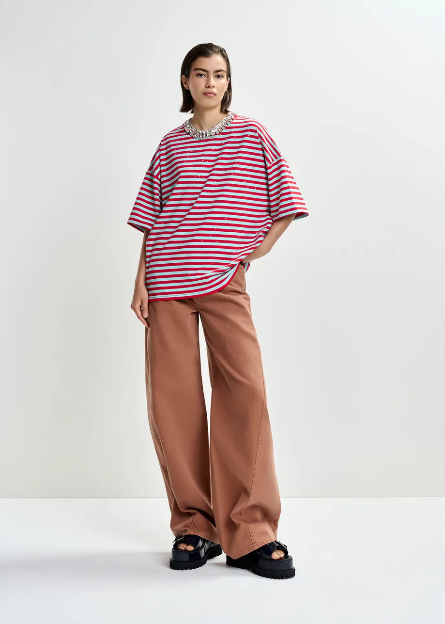 Lichtblauw en rood gestreept oversized T-shirt met stras