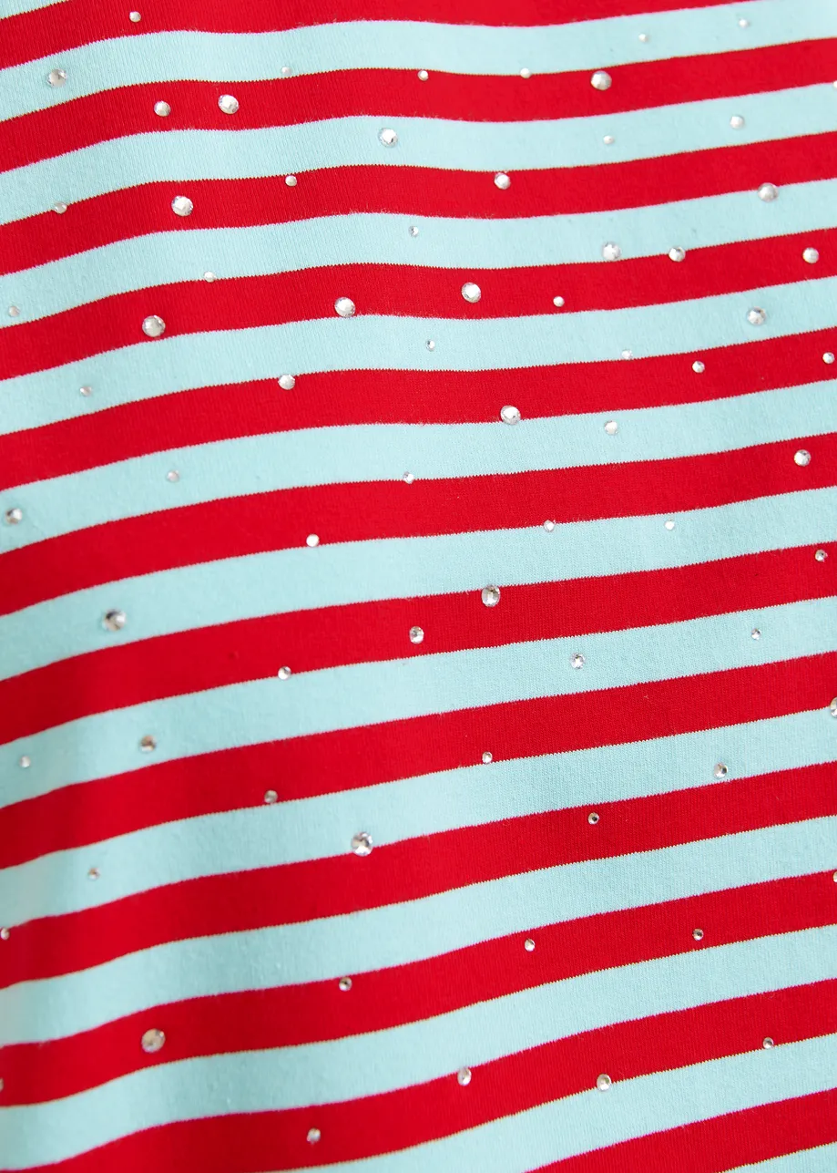 Lichtblauw en rood gestreept oversized T-shirt met stras
