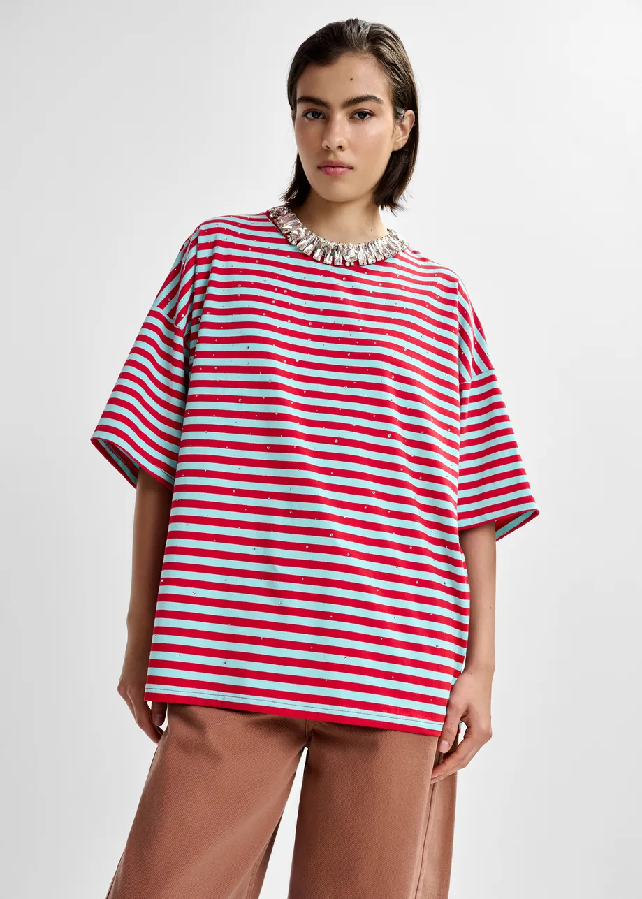 Light blue and red striped rhinestone-embellished oversized cotton T-shirt