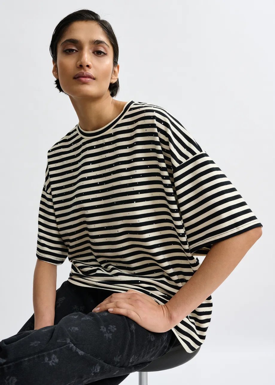 Zwart-wit gestreept oversized T-shirt met stras