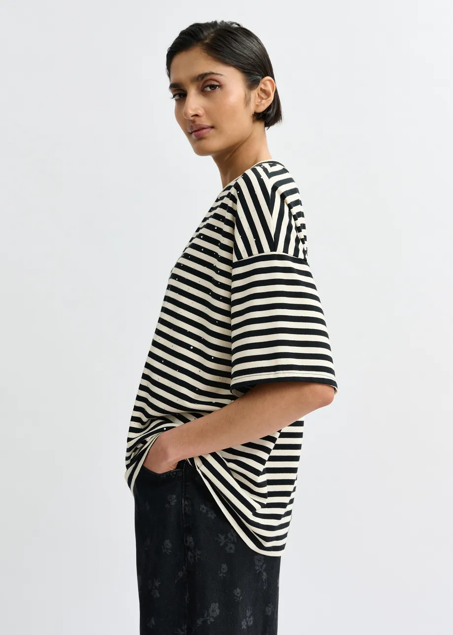 Zwart-wit gestreept oversized T-shirt met stras