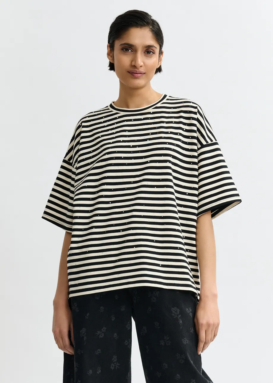Zwart-wit gestreept oversized T-shirt met stras