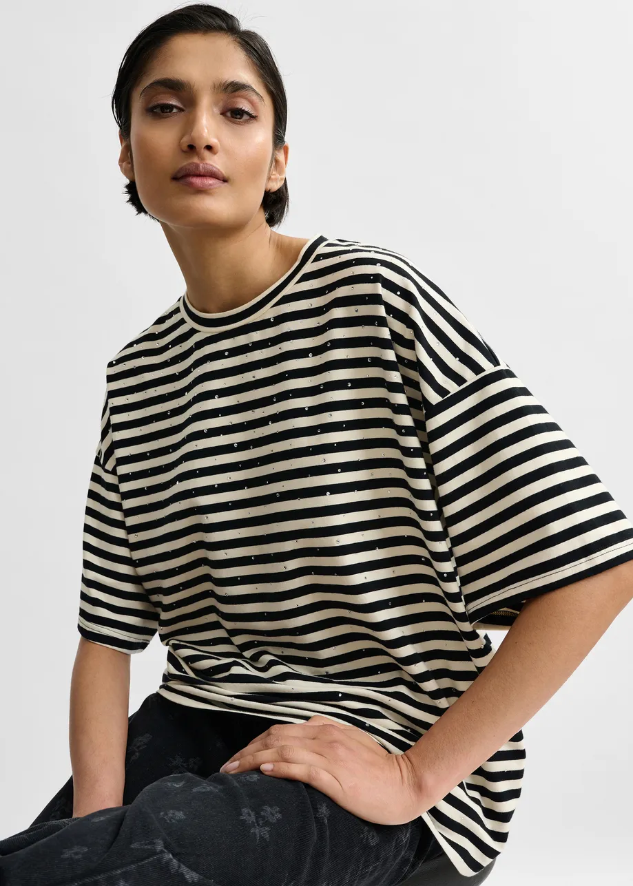 Black and white striped rhinestone-embellished oversized cotton T-shirt