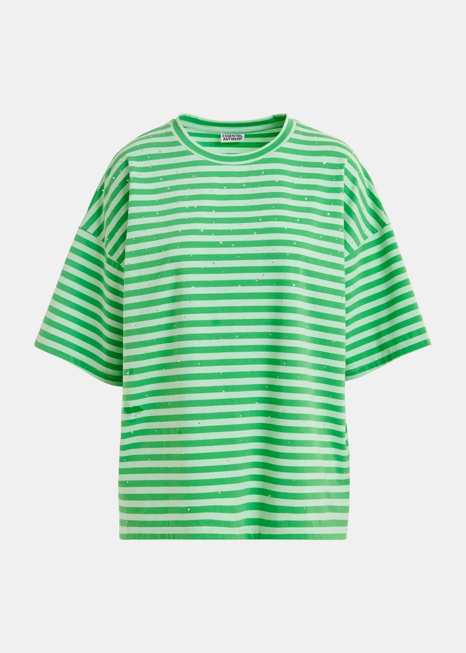 Lichtblauw en groen gestreept oversized T-shirt met stras