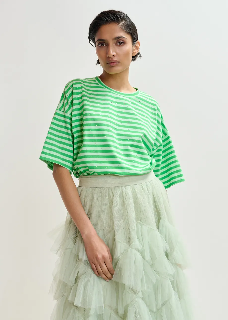 Lichtblauw en groen gestreept oversized T-shirt met stras