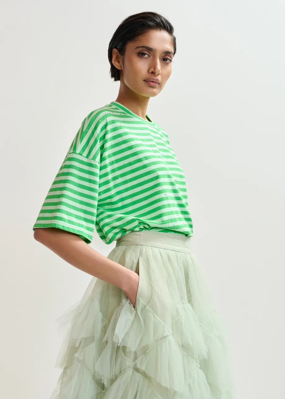 Lichtblauw en groen gestreept oversized T-shirt met stras