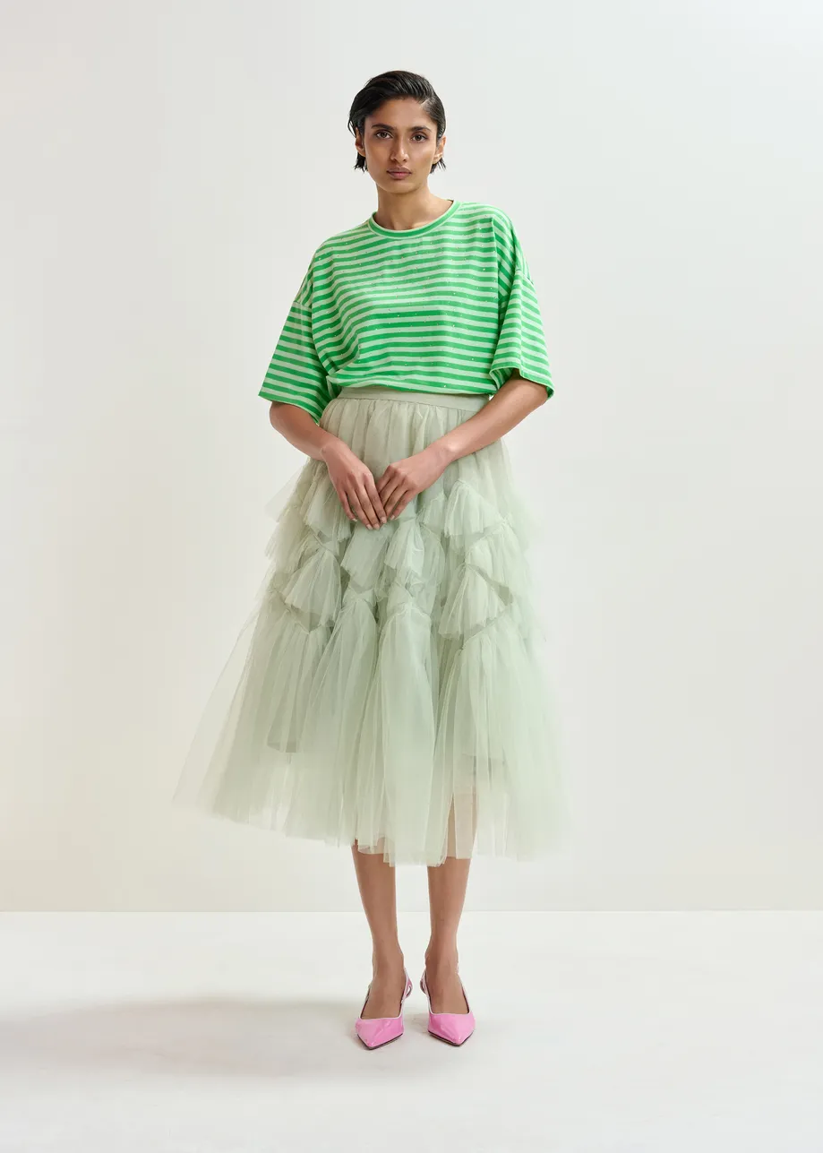 Lichtblauw en groen gestreept oversized T-shirt met stras