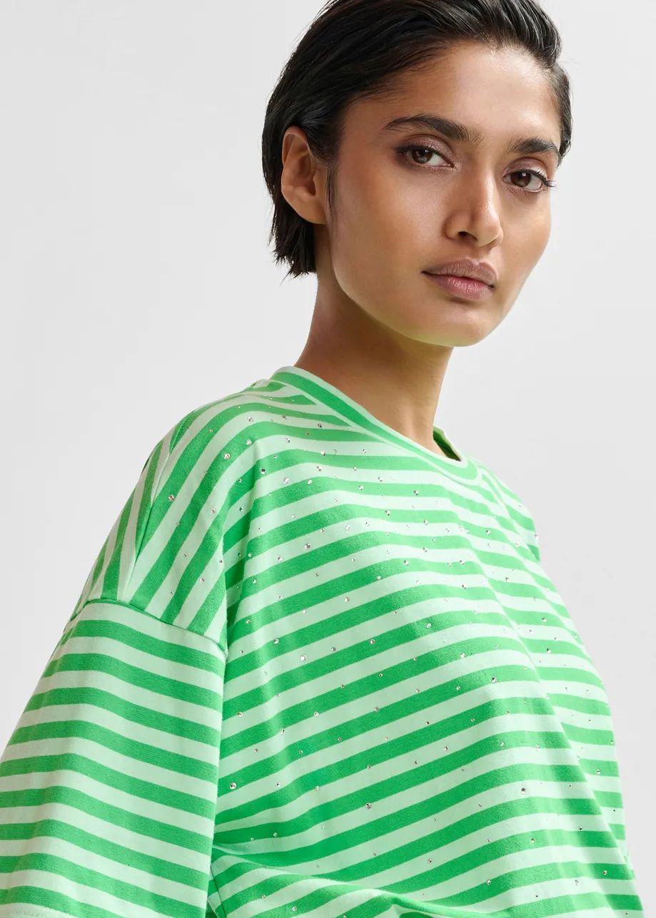 Light blue ad green striped rhinestone-embellished oversized cotton T-shirt