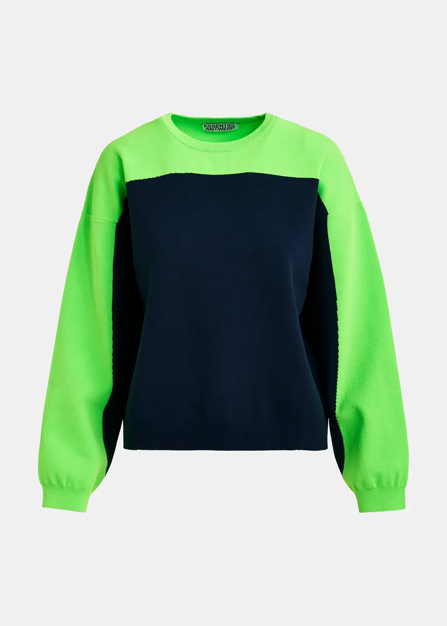 Marineblauwe en groene gebreide trui