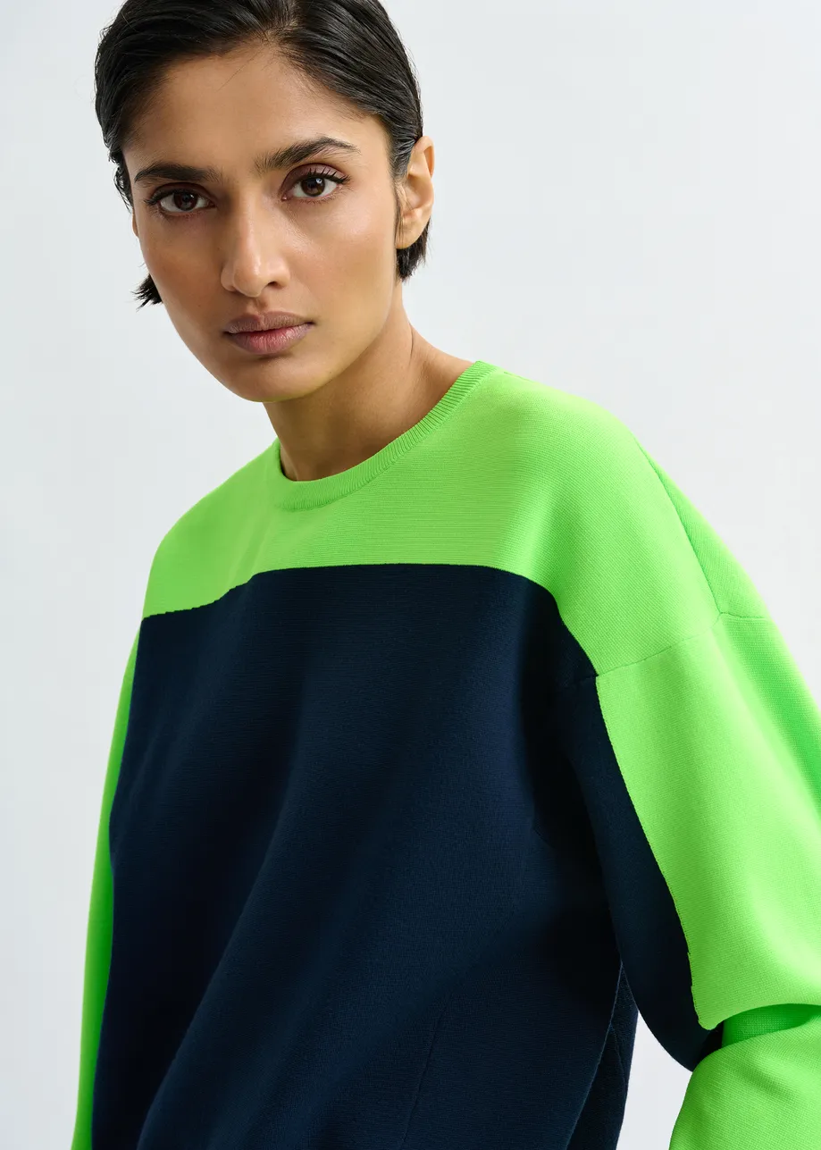 Marineblauwe en groene gebreide trui