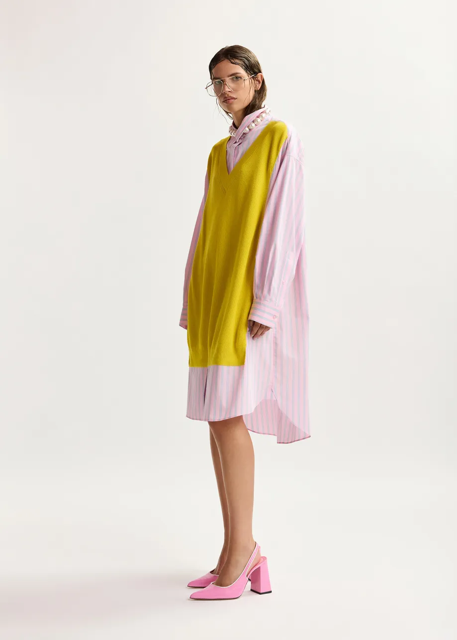 Oversized Hemdkleid in Gelb, Hellrosa und Hellblau mit Strickeinsatz