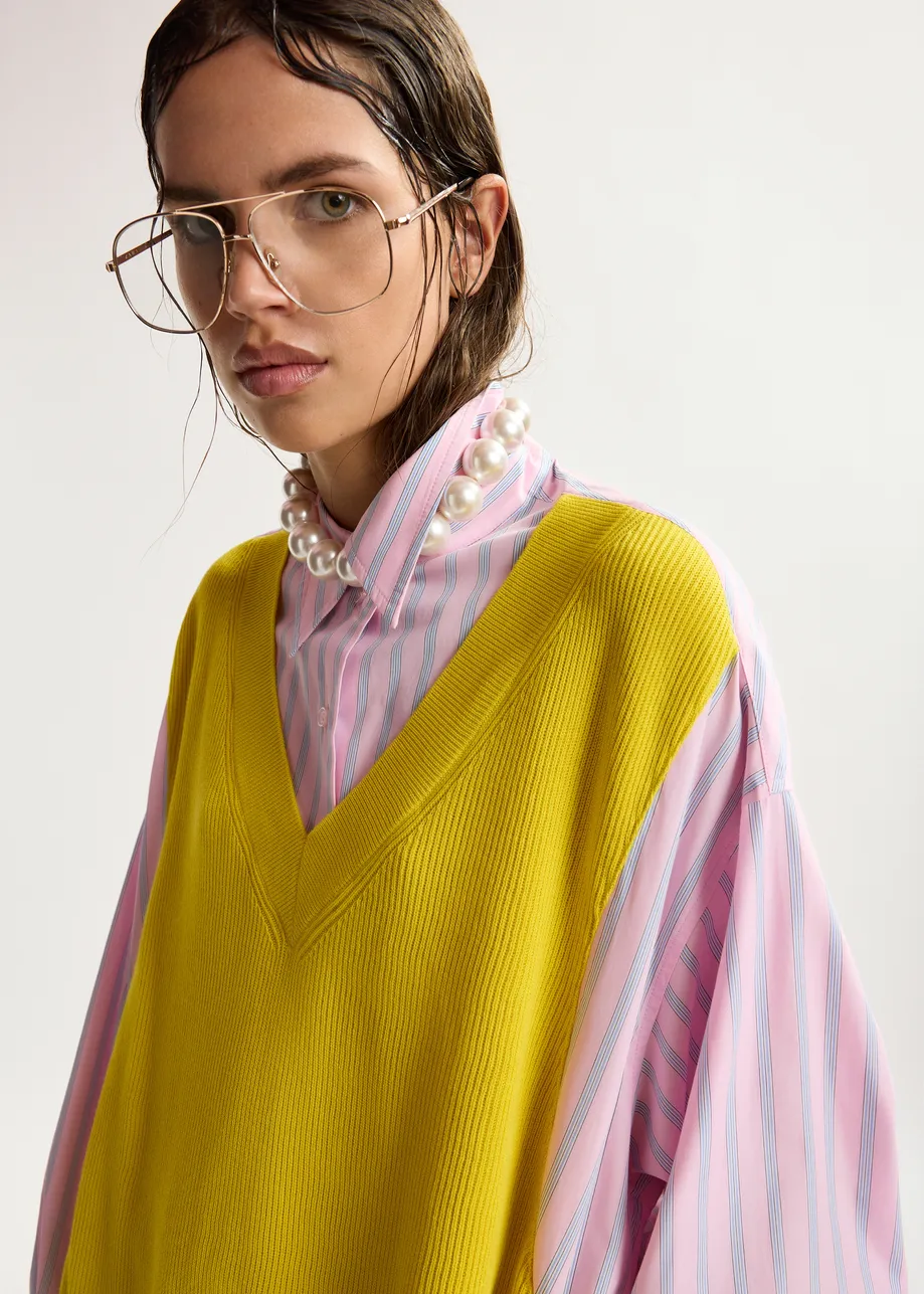 Oversized Hemdkleid in Gelb, Hellrosa und Hellblau mit Strickeinsatz