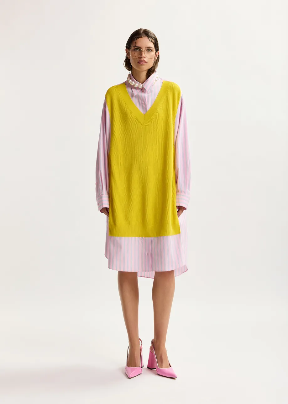 Oversized Hemdkleid in Gelb, Hellrosa und Hellblau mit Strickeinsatz