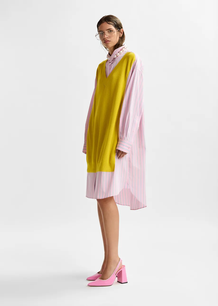 Yellow, light pink and light blue knit-panel oversized shirt dress