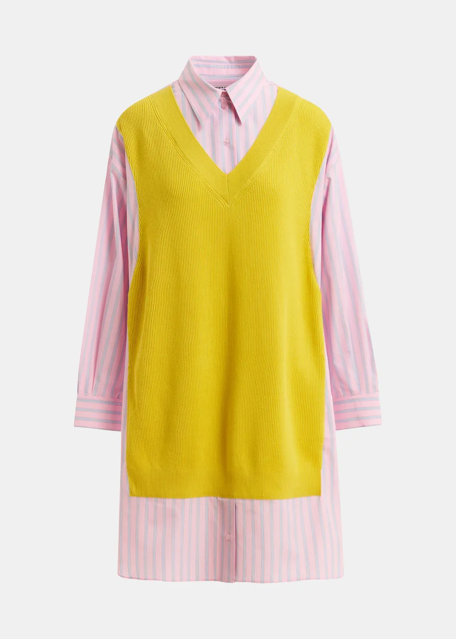 Yellow, light pink and light blue knit-panel oversized shirt dress