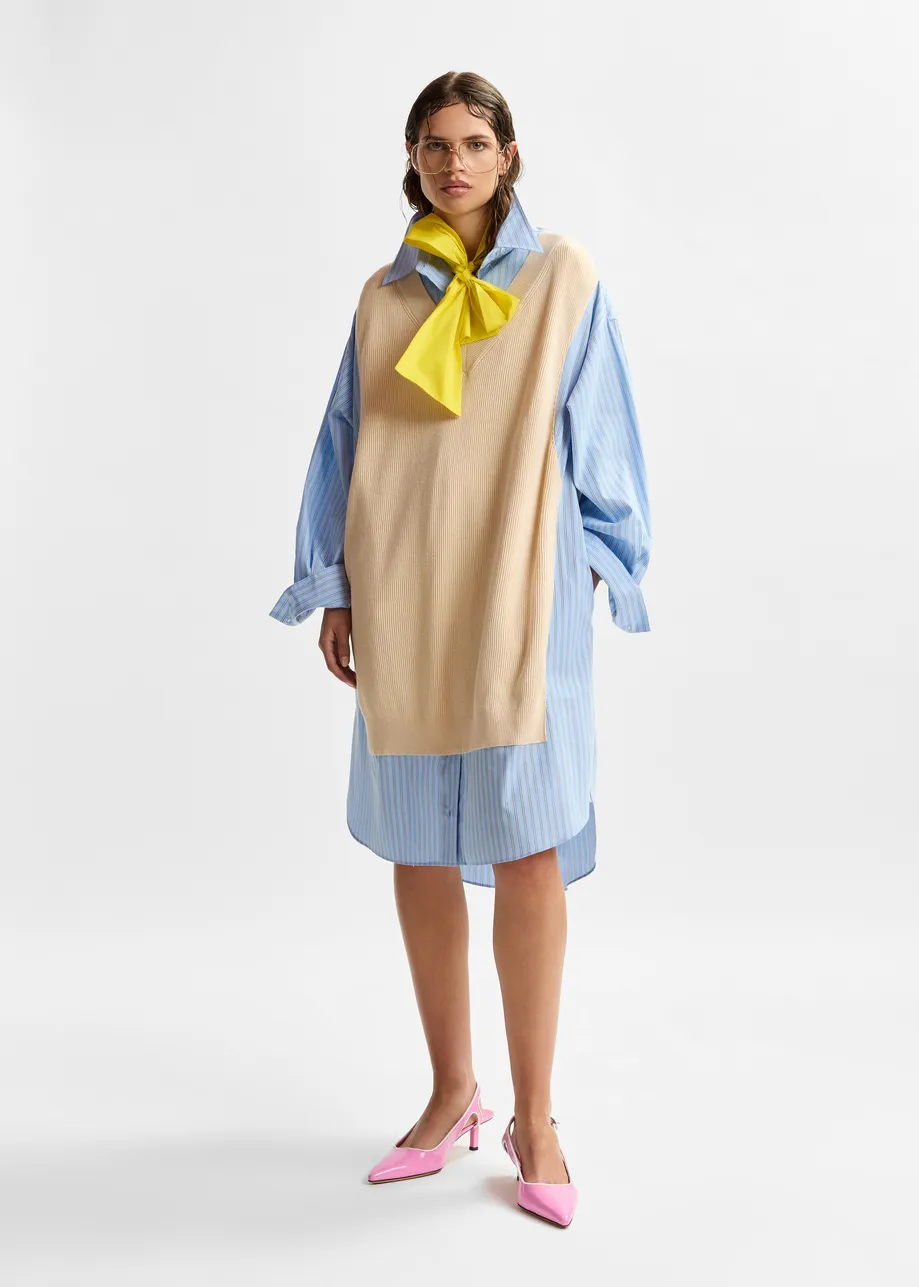 Cream and light blue knit-panel oversized shirt dress