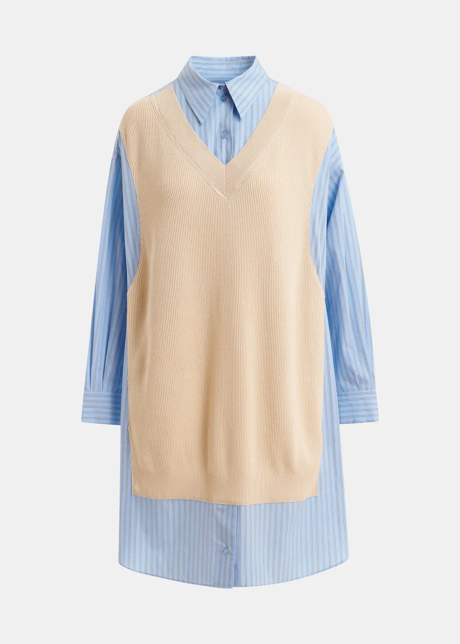 Cream and light blue knit-panel oversized shirt dress