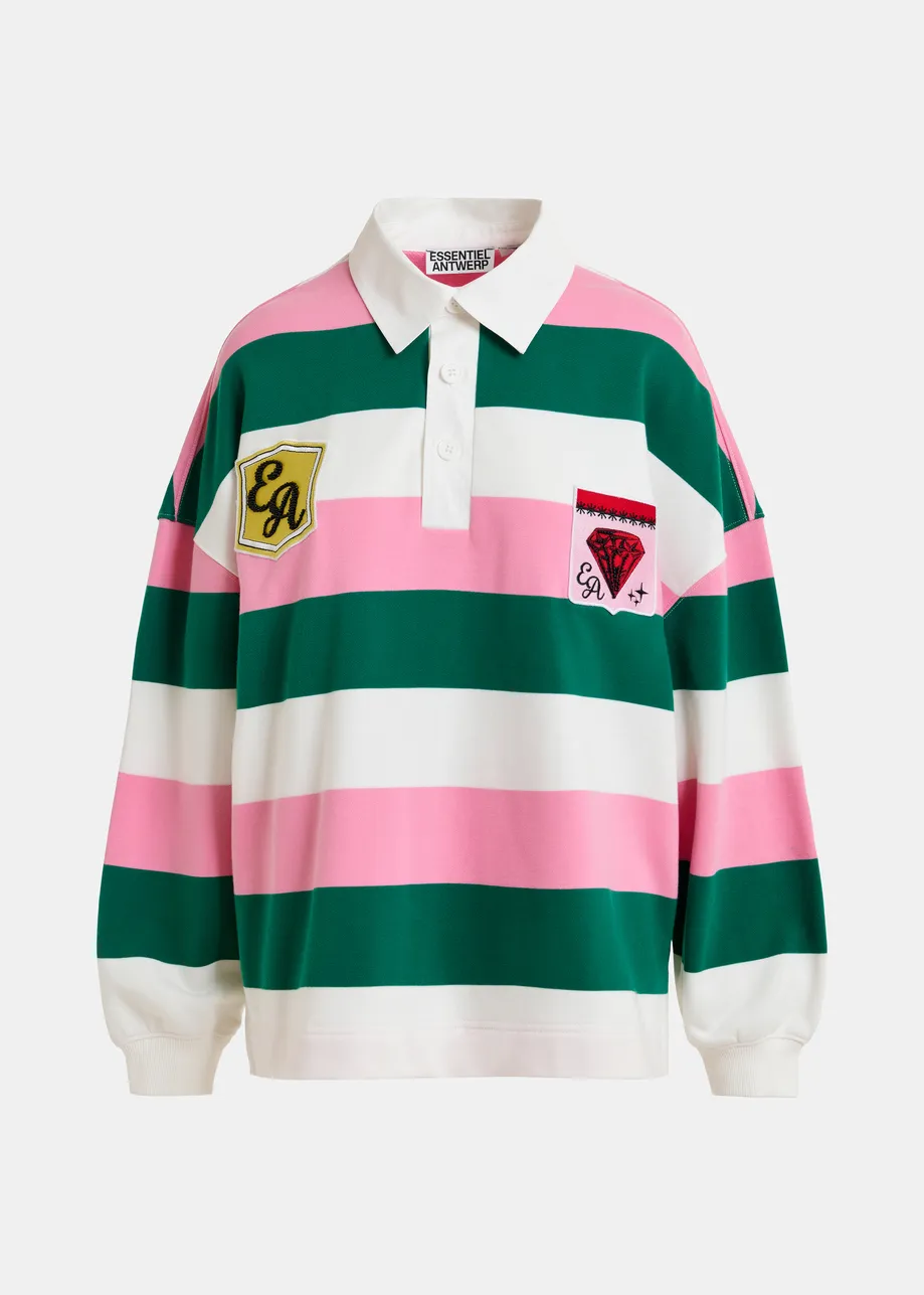Pink, off-white and dark green striped cotton-blend polo with appliqué patches