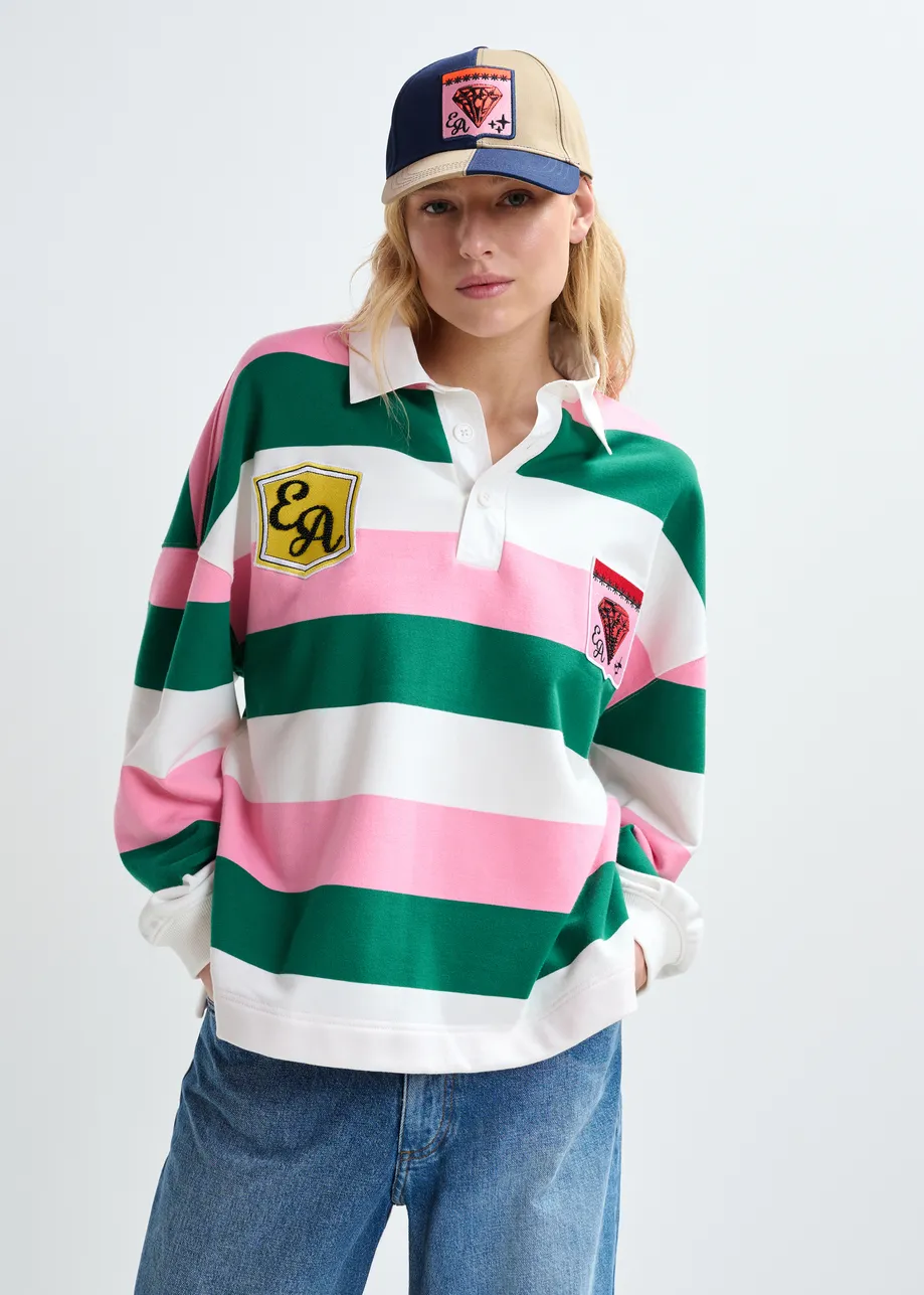 Pink, off-white and dark green striped cotton-blend polo with appliqué patches