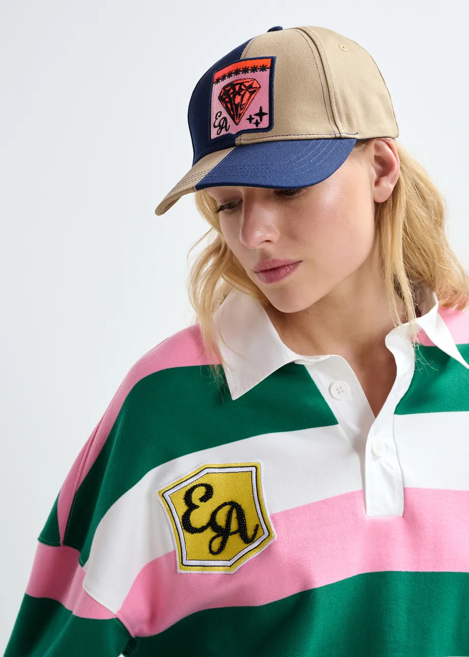 Pink, off-white and dark green striped cotton-blend polo with appliqué patches