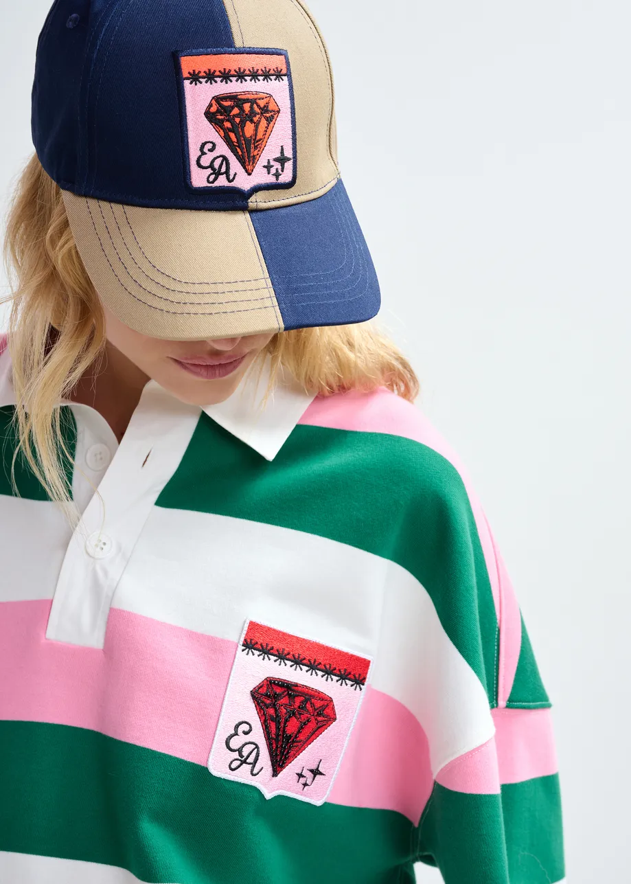 Pink, off-white and dark green striped cotton-blend polo with appliqué patches
