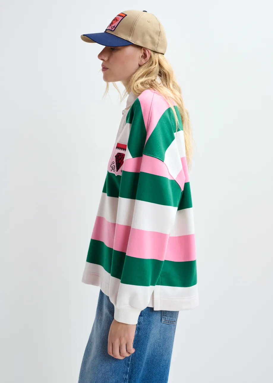 Pink, off-white and dark green striped cotton-blend polo with appliqué patches