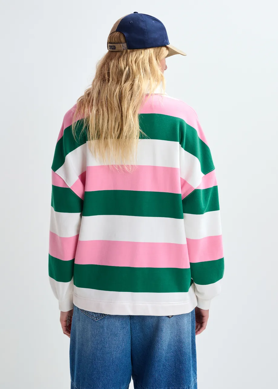 Pink, off-white and dark green striped cotton-blend polo with appliqué patches
