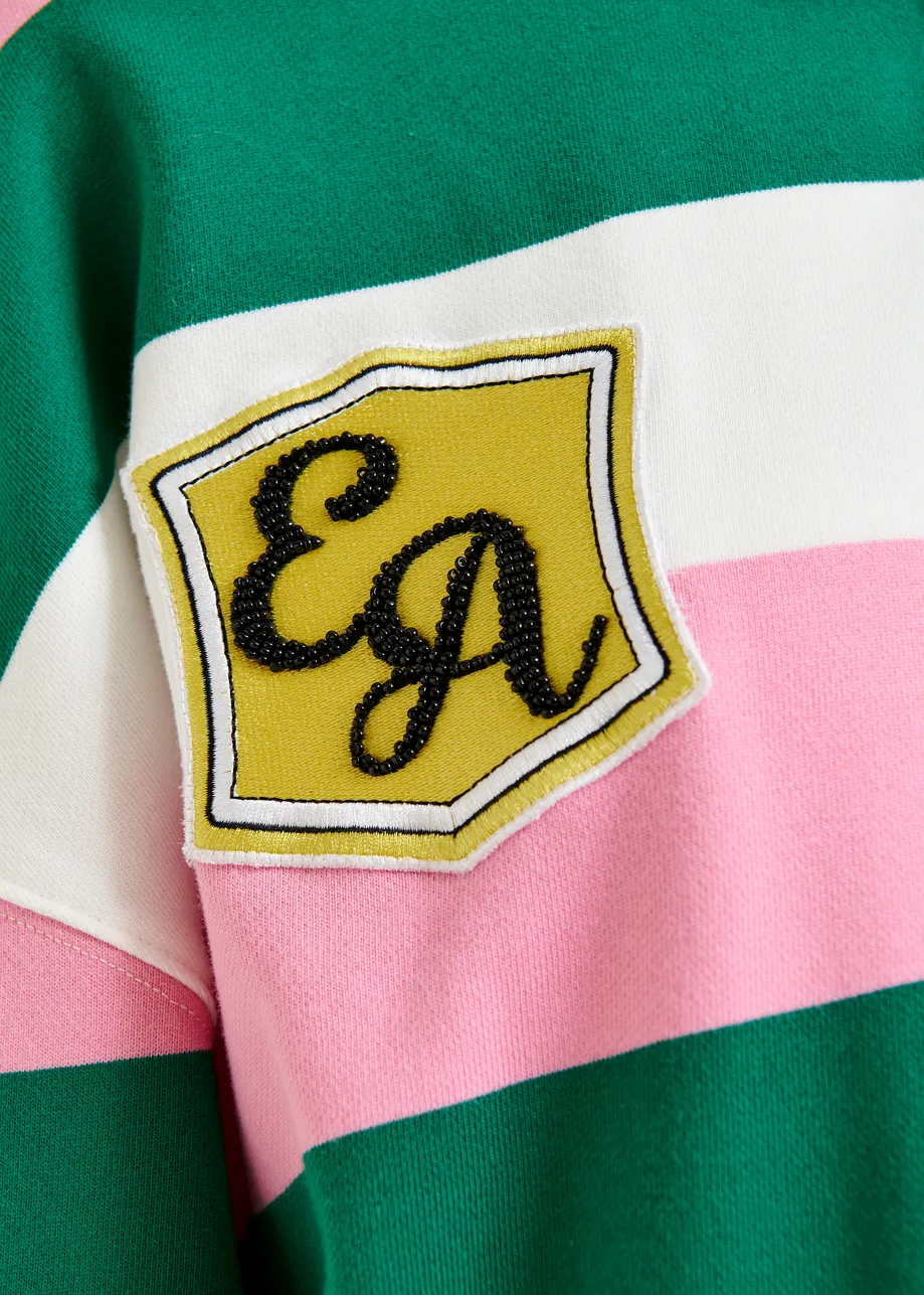 Pink, off-white and dark green striped cotton-blend polo with appliqué patches