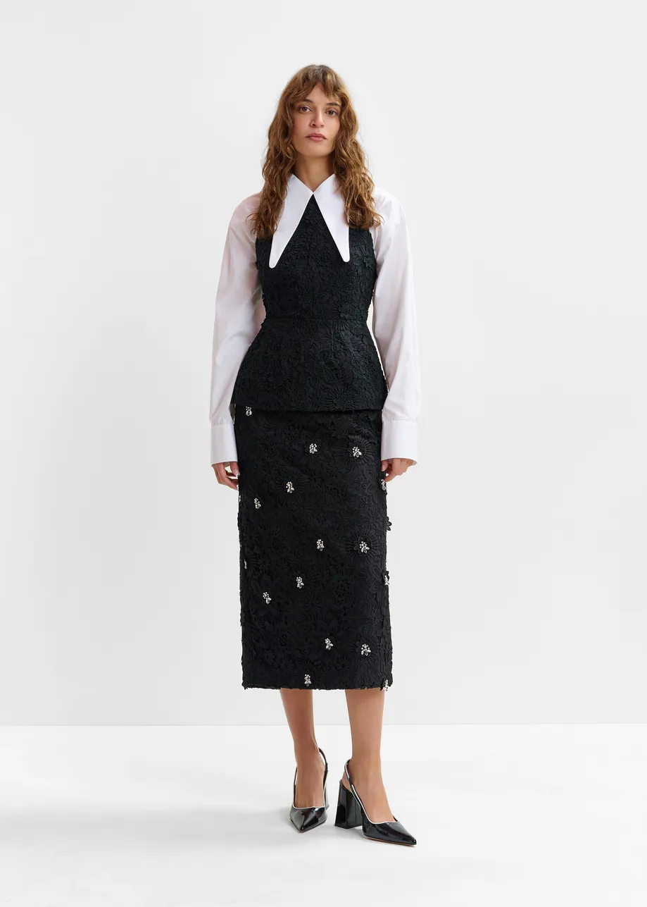 Black floral lace pencil skirt with rhinestone embellishments