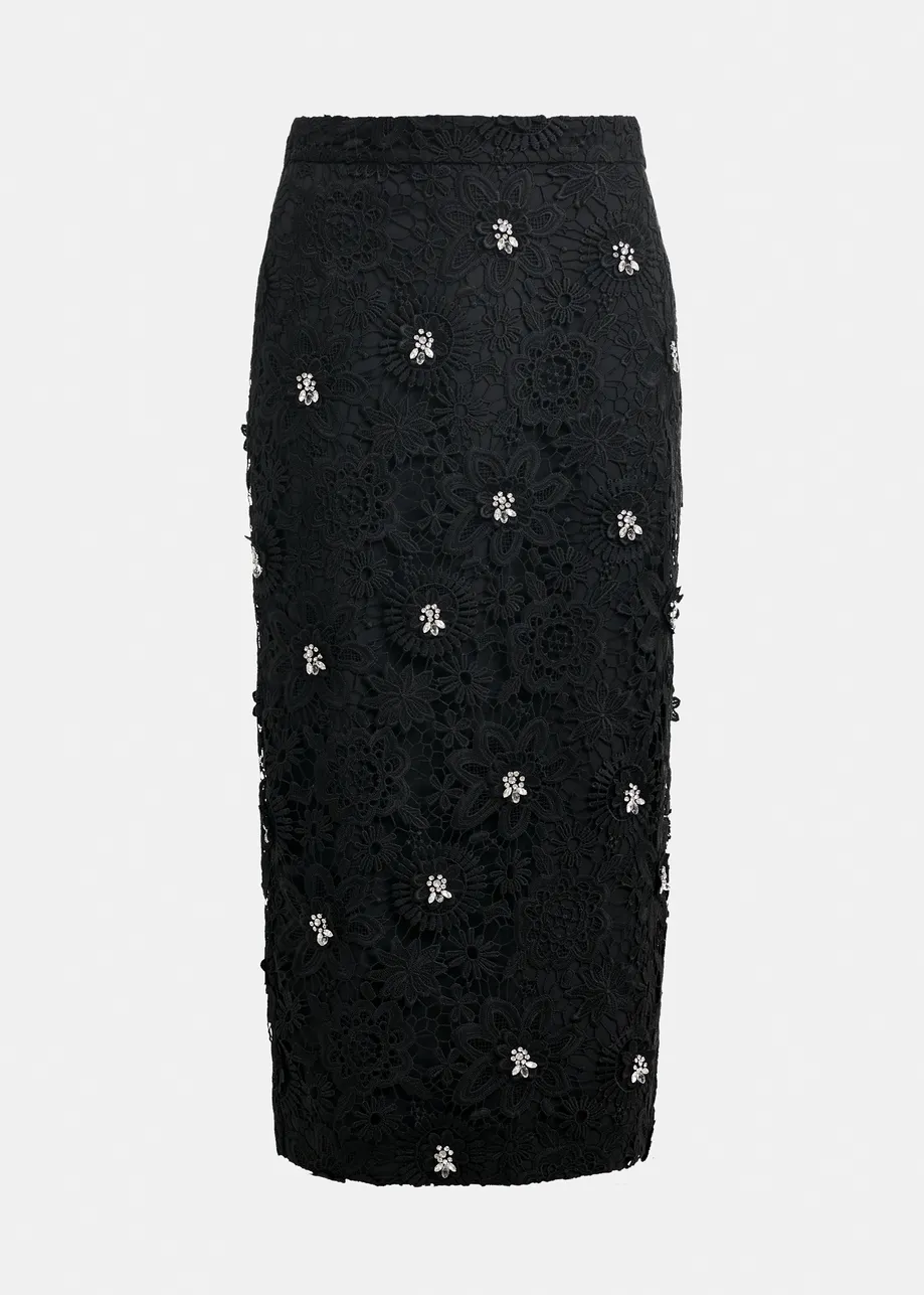 Black floral lace pencil skirt with rhinestone embellishments