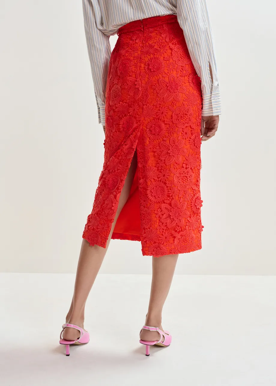 Oranje kokerrok in bloemenkant met stras