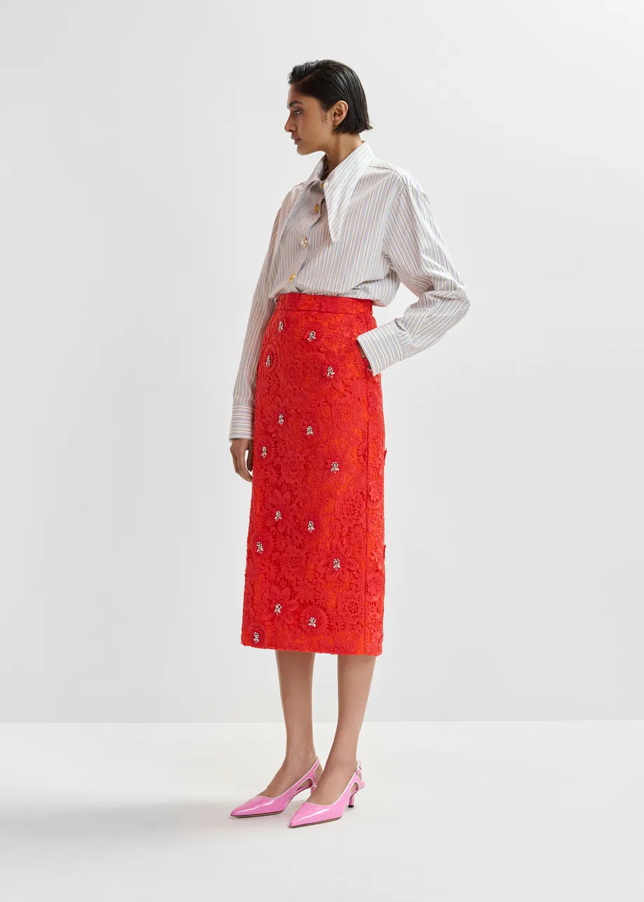 Orange floral lace pencil skirt with rhinestone embellishments