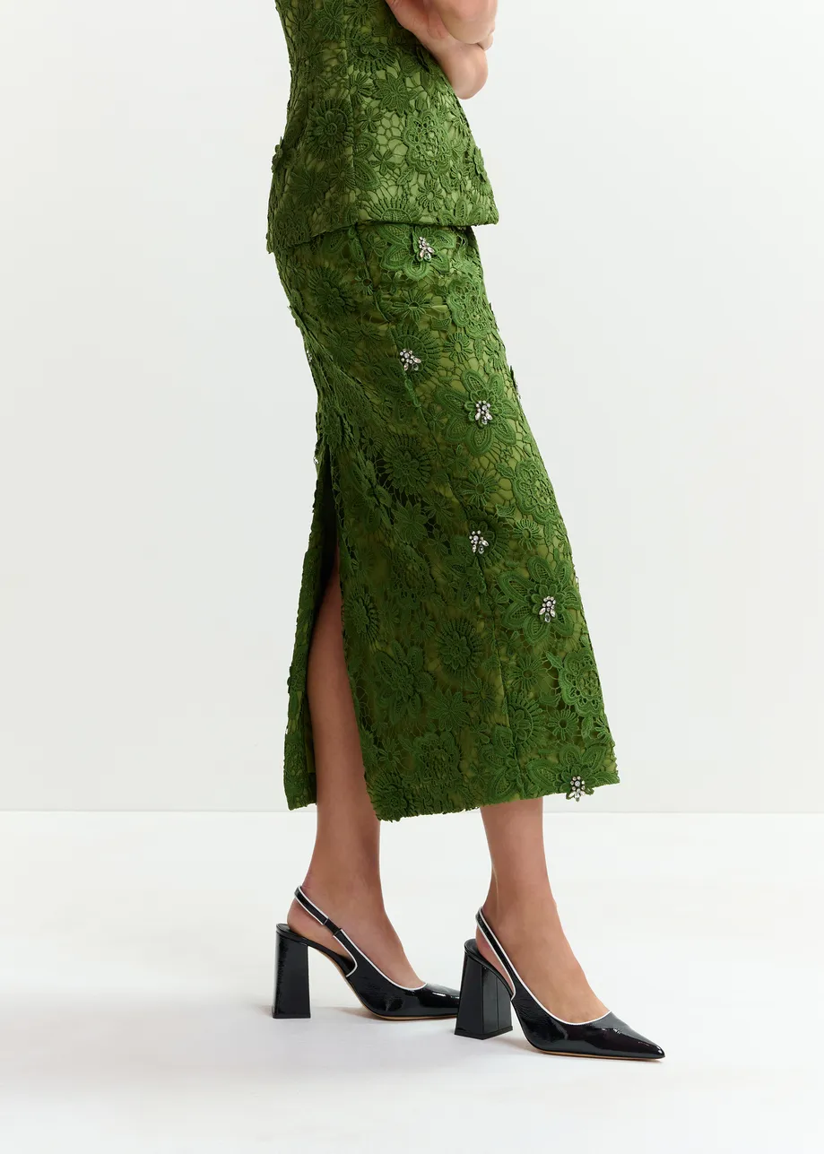 Groene kokerrok in bloemenkant met stras