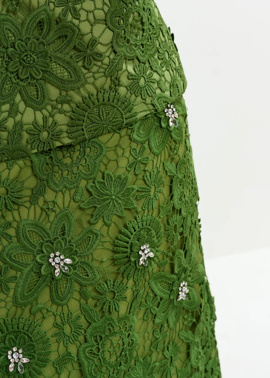 Groene kokerrok in bloemenkant met stras