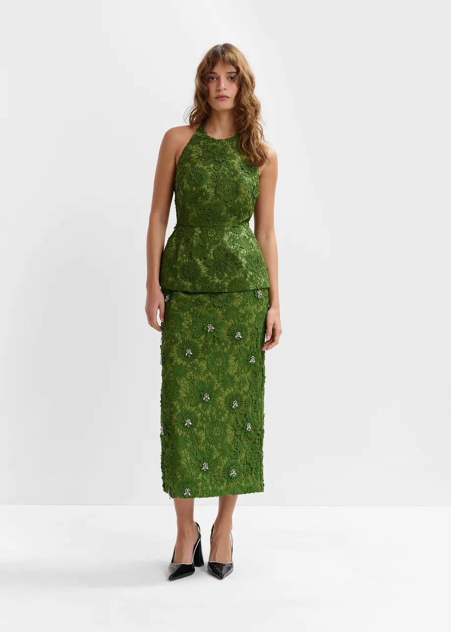Green floral lace pencil skirt with rhinestone embellishments