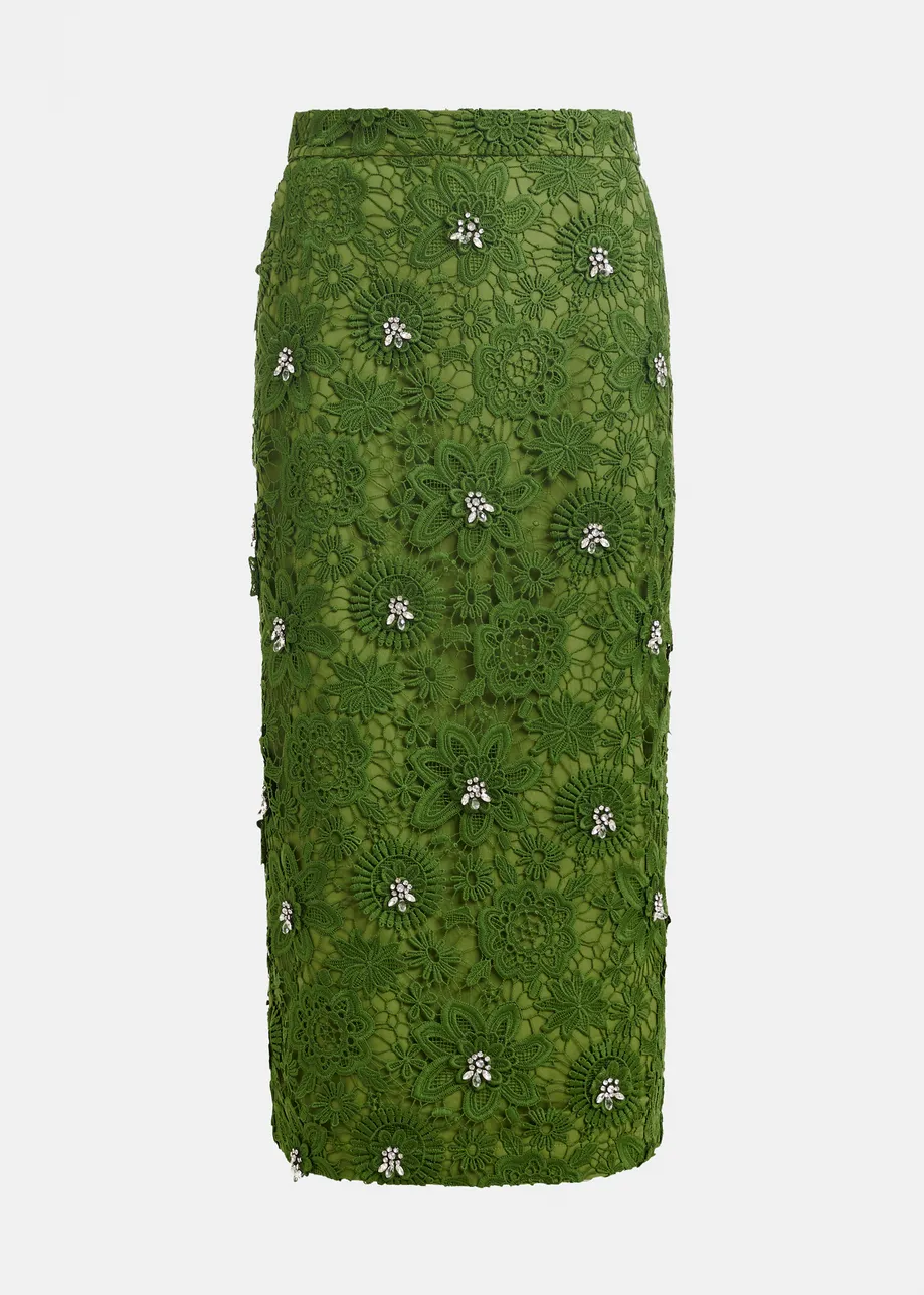 Groene kokerrok in bloemenkant met stras