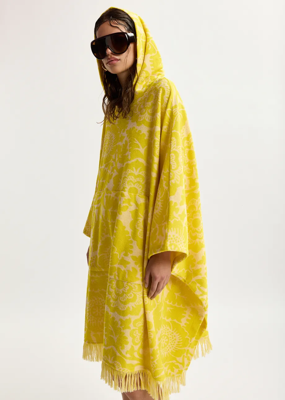 Gele midi-jurk van bloemenjacquard met capuchon