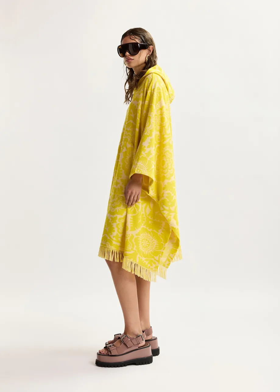 Gele midi-jurk van bloemenjacquard met capuchon