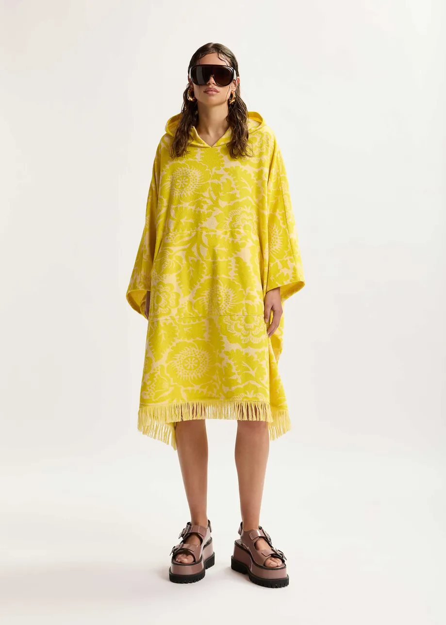 Gele midi-jurk van bloemenjacquard met capuchon