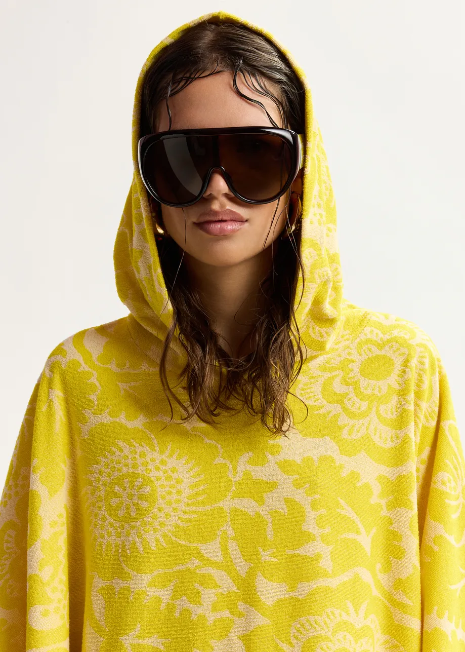 Gele midi-jurk van bloemenjacquard met capuchon