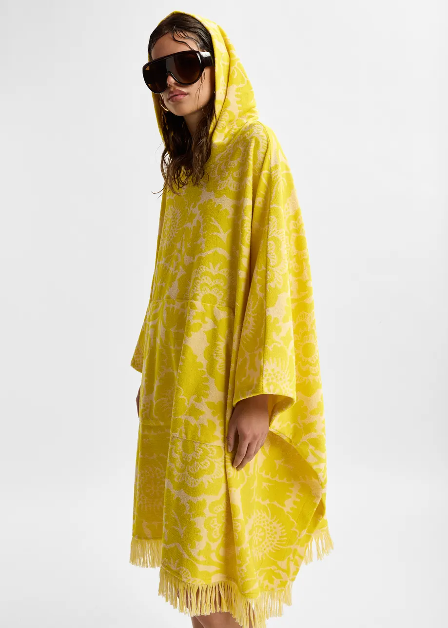 Gelbes Midikleid aus Jacquard-Baumwollmischgewebe mit Blumenmuster und Kapuze